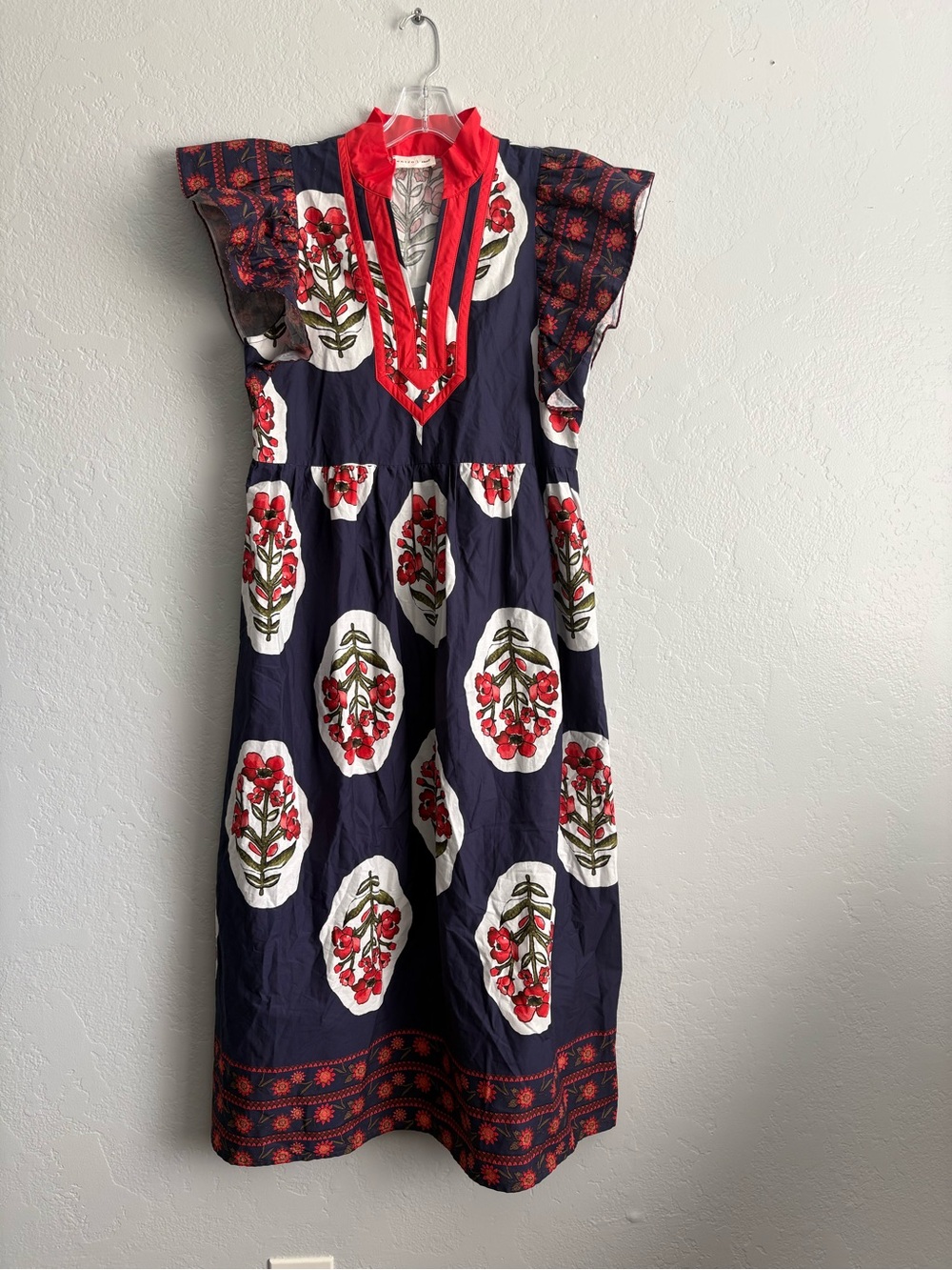 ❤️NEW entro Navy Floral Embroidered Midi Dress with Red Trim